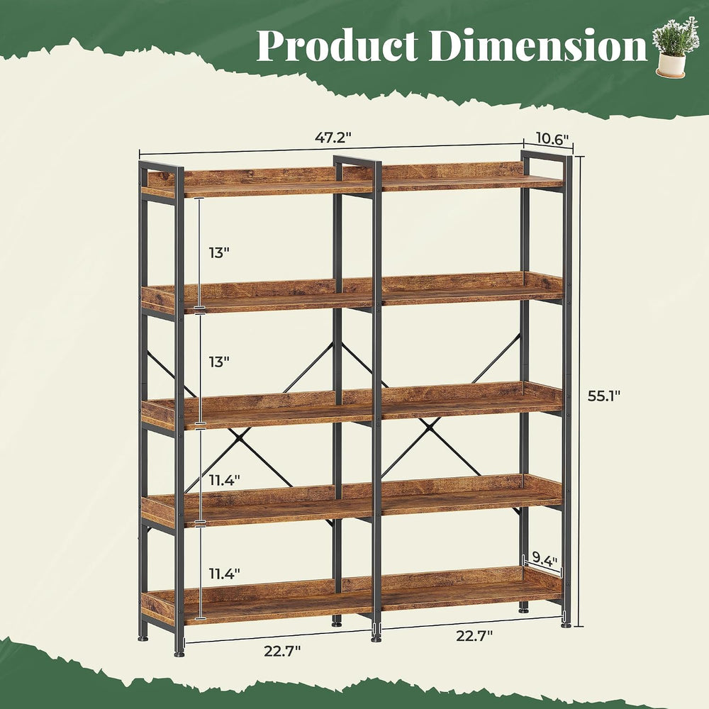 Huuger 5 Tier Bookshelf with 10 Open Shelves and Raised Baffle, Rustic Brown