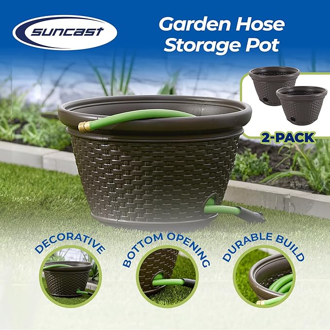 Suncast 2 Pack Decorative Wicker Garden Hose Holder Pot with 4 Drain Holes fo...