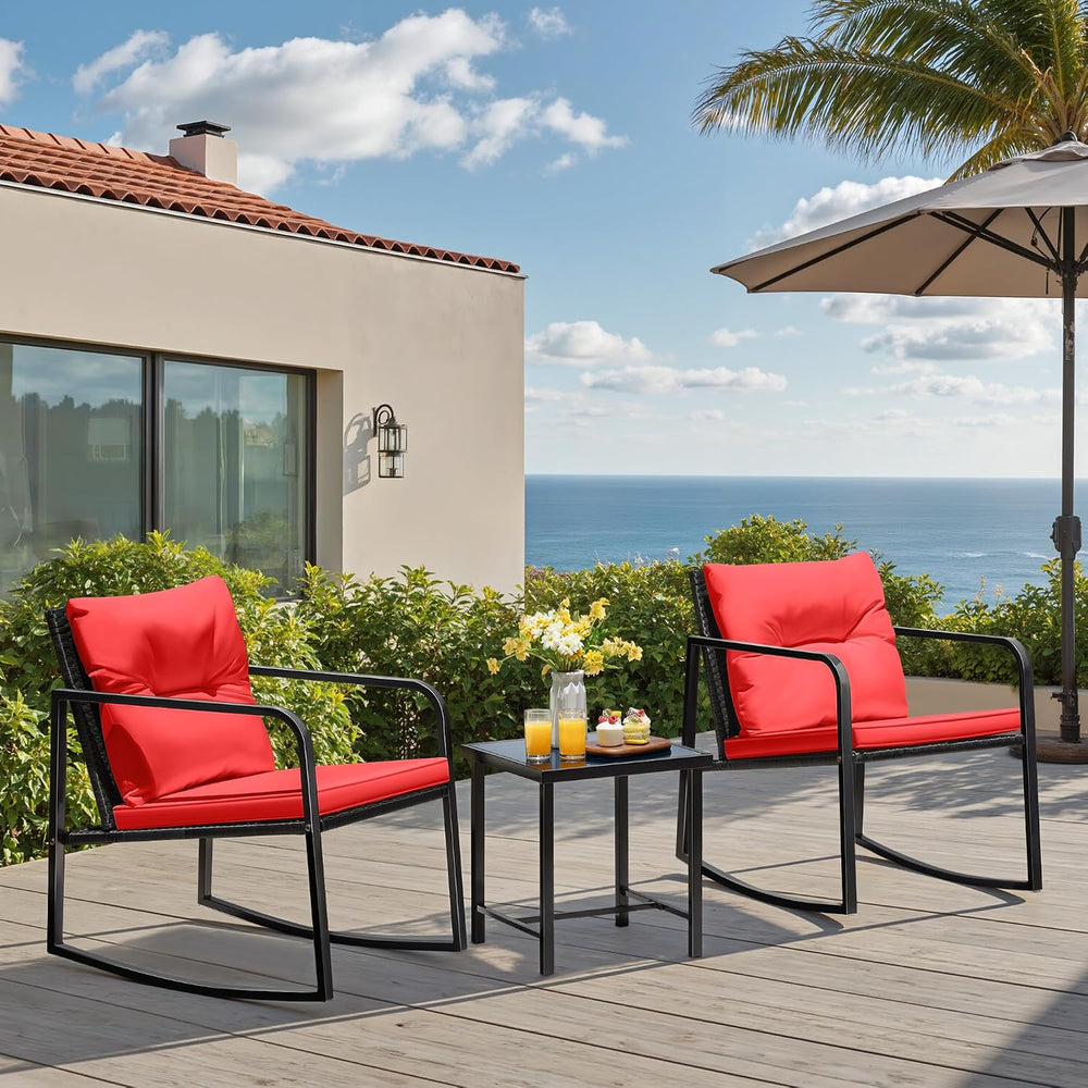 Greesum 3 Pieces Rocking Wicker Bistro Set,Patio Conversation Sets,Red