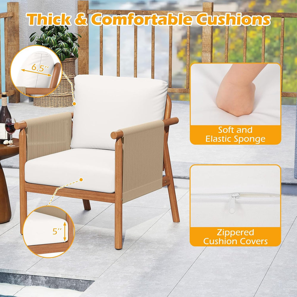 Tangkula Acacia Wood Patio Club Chair, Boho Accent Chair with Woven Rope Armr...