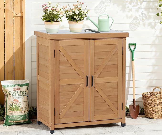 Outdoor Potting Bench with Storage Cabinet and Metal Top, Wood Workstation fo...
