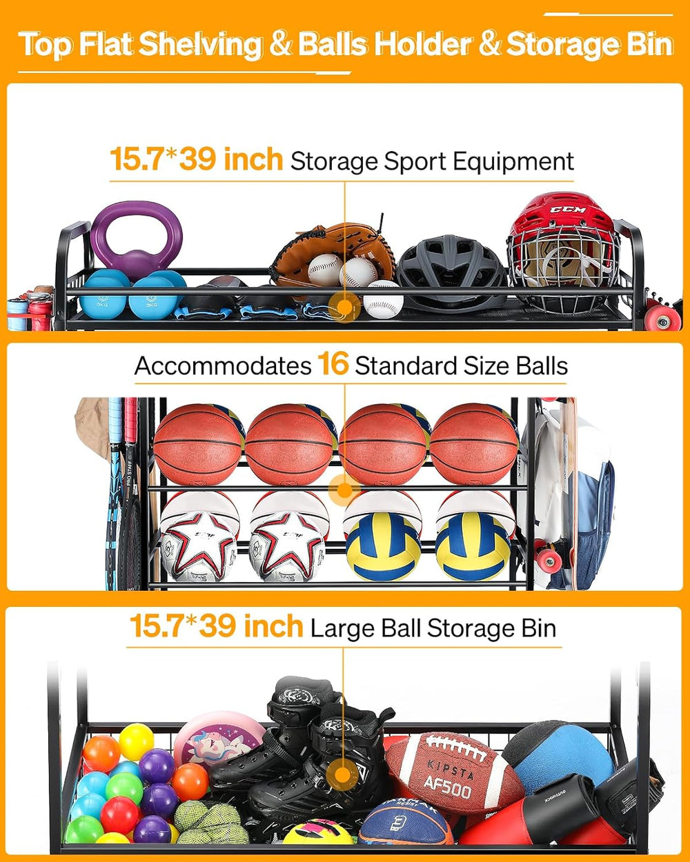 EXTCCT Garage Sports Equipment Organizer - Rolling Ball Storage with Wheels