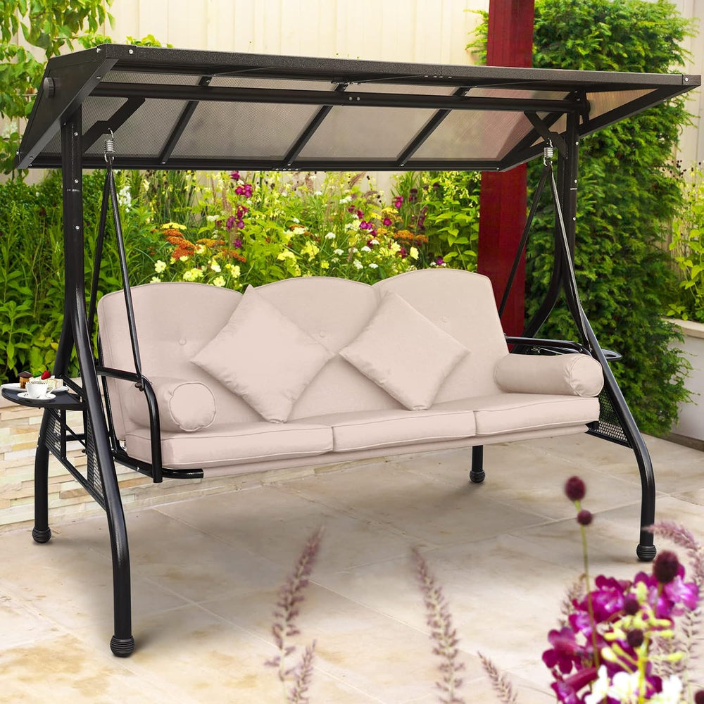 NOBLEMOOD Hardtop Patio Porch Swing with Convertible Backrest & Side Tables