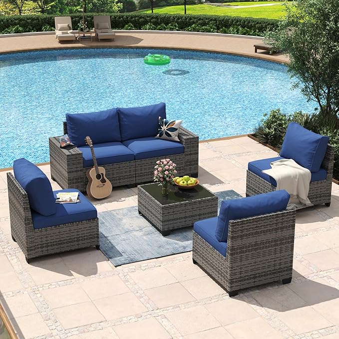 Aoxun 6 Piece Patio Furniture Set with Wide Armrests Wicker Rattan Outdoor Se...