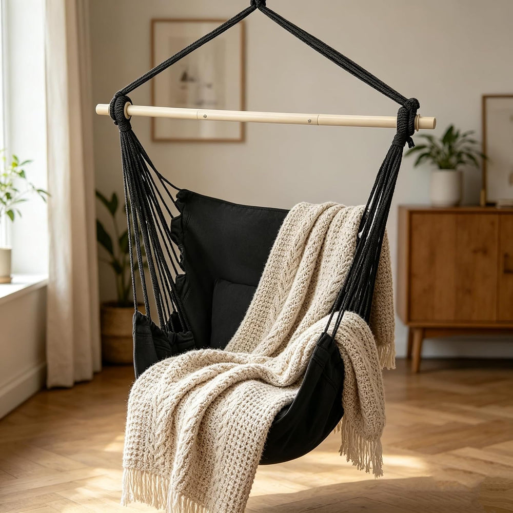 Hammock Chair Hanging Rope Swing w/2 Cushions, Hold 350lbs, Black