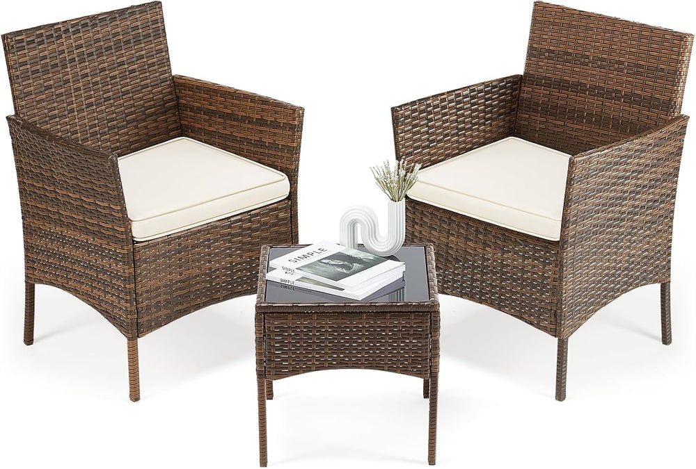 DUMOS 3 Piece Patio Furniture Set, Outdoor Wicker Bistro Set, Brown