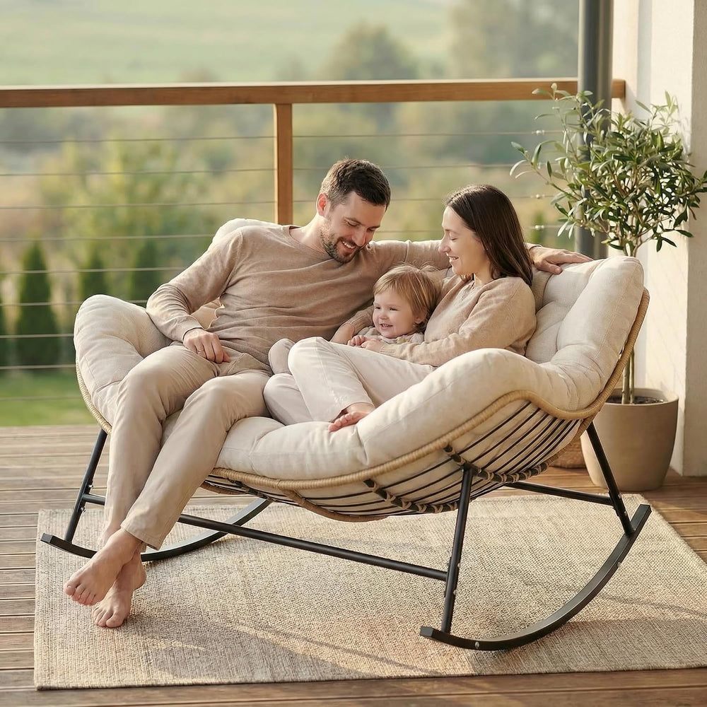 SWITTE Double Outdoor Papasan Rocking Chair with Thick Cushion, Khaki