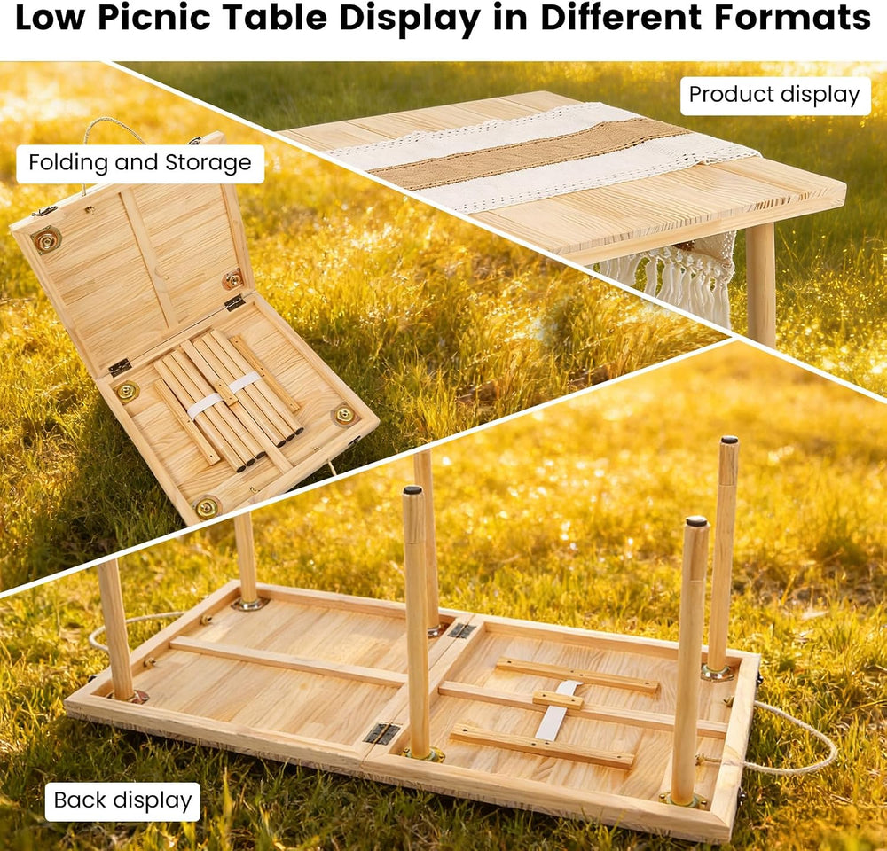 44" x 22" Boho Low Picnic Table, Folding Solid Wood Construction