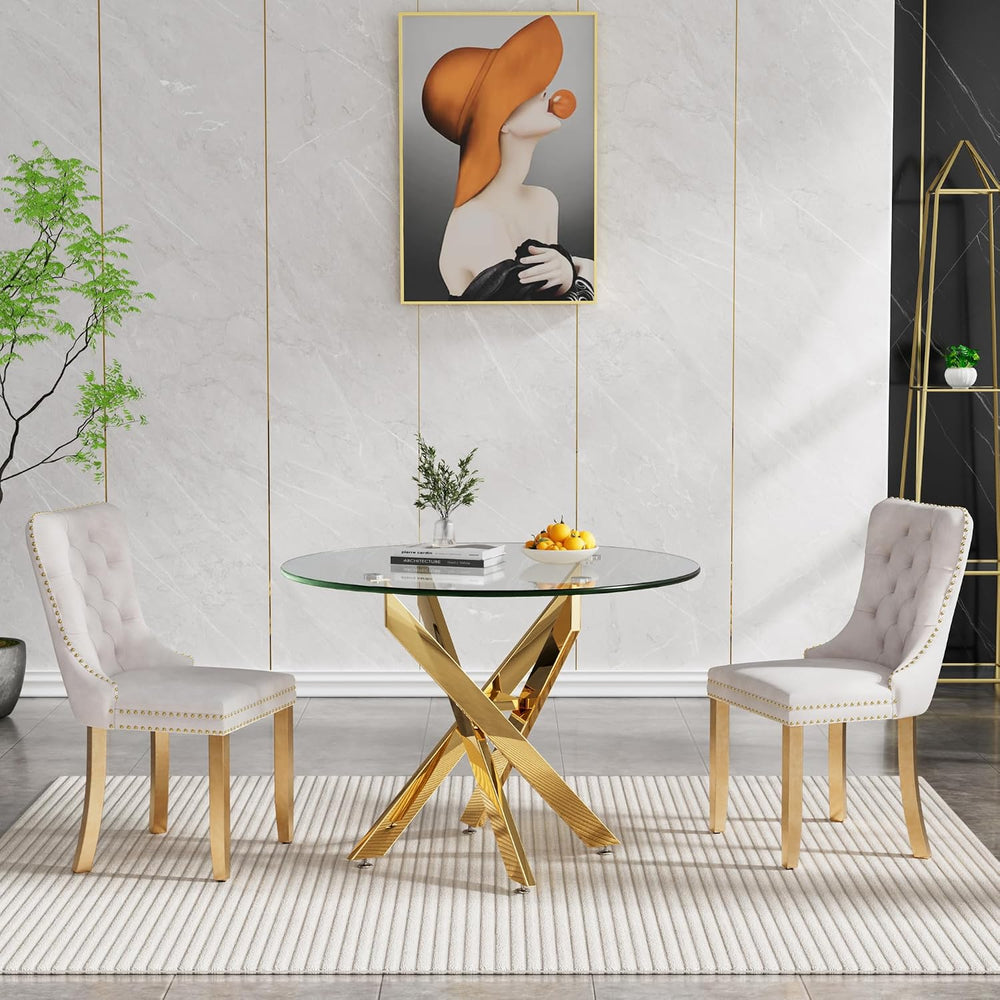 36" Modern Gold Glass Dining Room Table Set for 2, 3-Piece Round Kitchen...