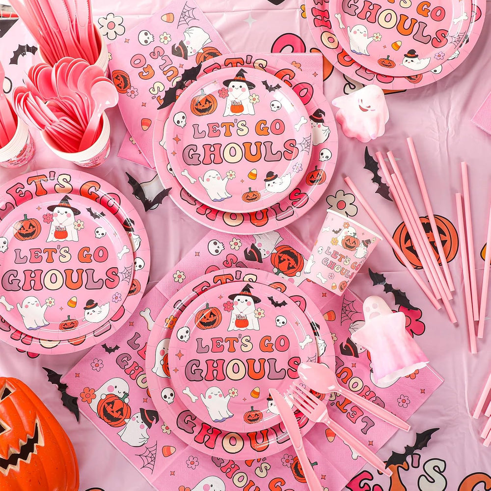 FoldTier 170 Pcs Pink Halloween Party Supplies Let's Go Ghouls Decorations