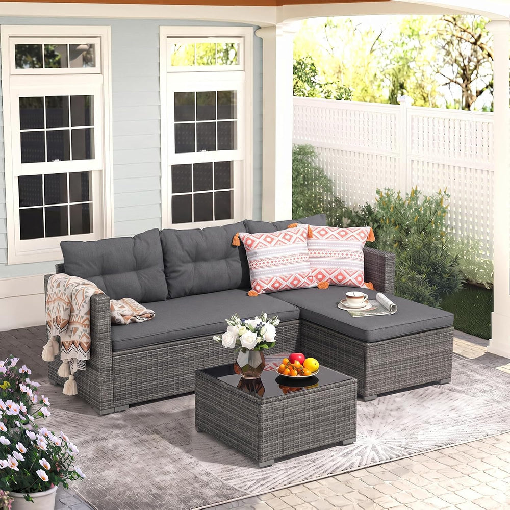 3-Piece Patio Furniture Set, Outdoor Wicker Rattan Sectional Sofa & Patio...