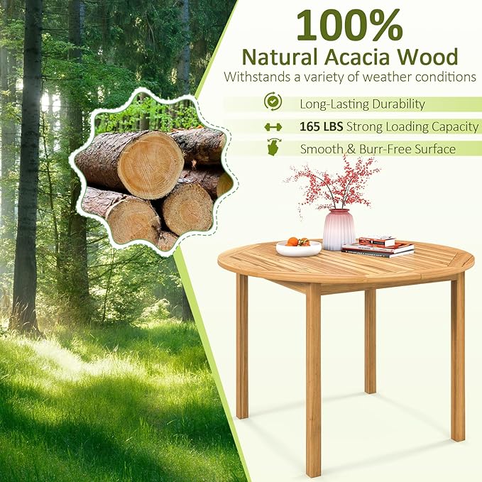 Tangkula 44" Round Outdoor Dining Table for 4, Acacia Wood 4-Person Larg...