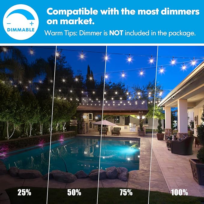 Lakumu 2-Pack 96FT Outdoor String Lights with Waterproof Shatterproof Dimmabl...
