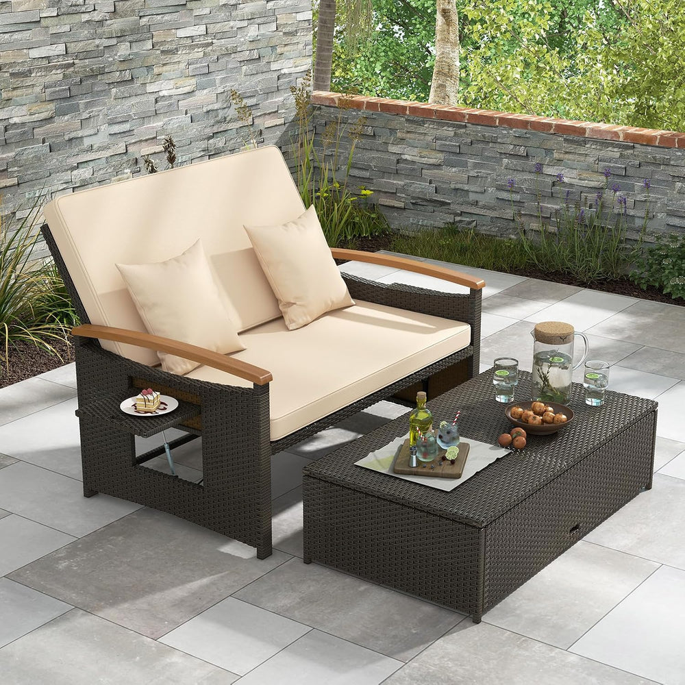 Moccha Outdoor Wicker Daybed, Patio Rattan Loveseat Sofa w/ 4-Level Adjustabl...