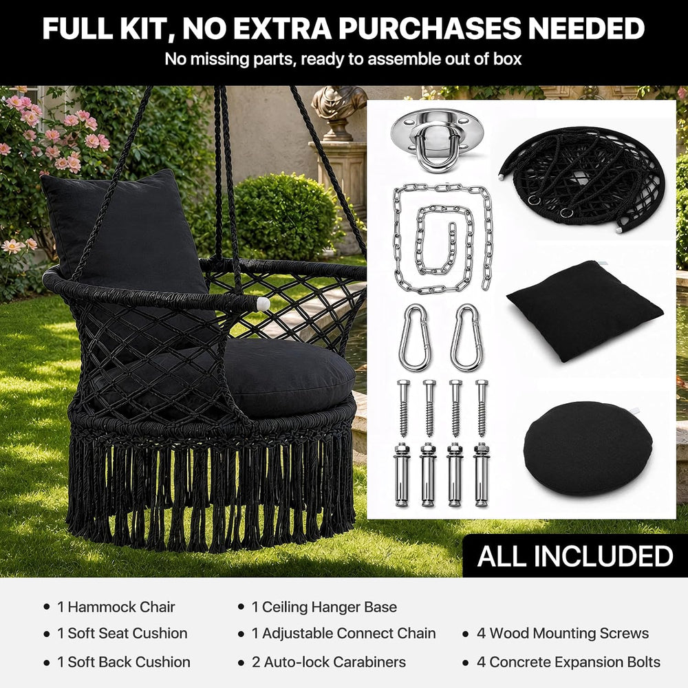 Athena Collection Macrame Hammock Chair with Mounting Hardware Kit, Black