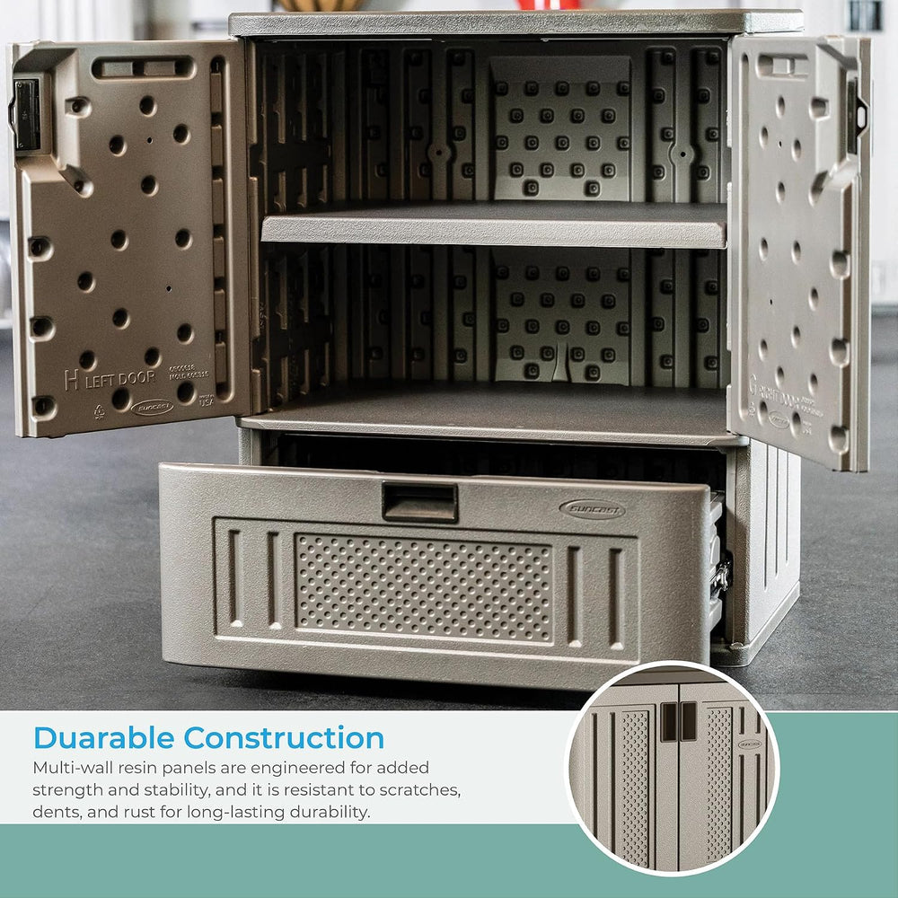 Suncast Base Storage Cabinet, Lockable Single-Drawer Organizer, Platinum