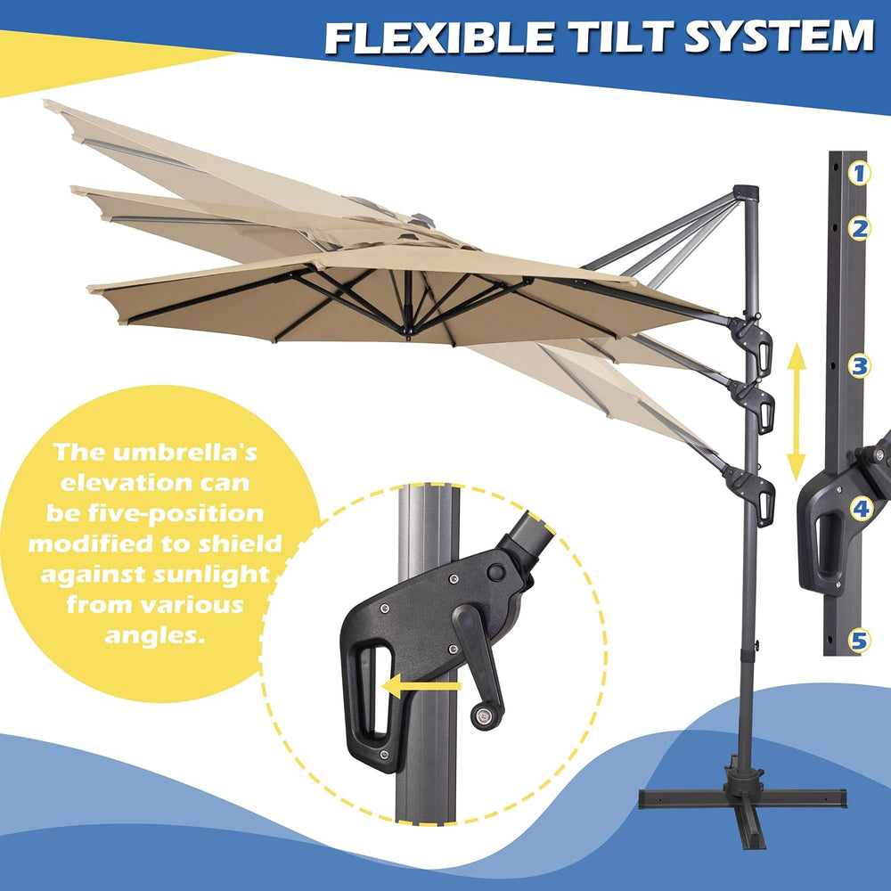 Sunnyglade 10Ft Cantilever Patio Umbrella, 360° Rotation & Integrated Til...