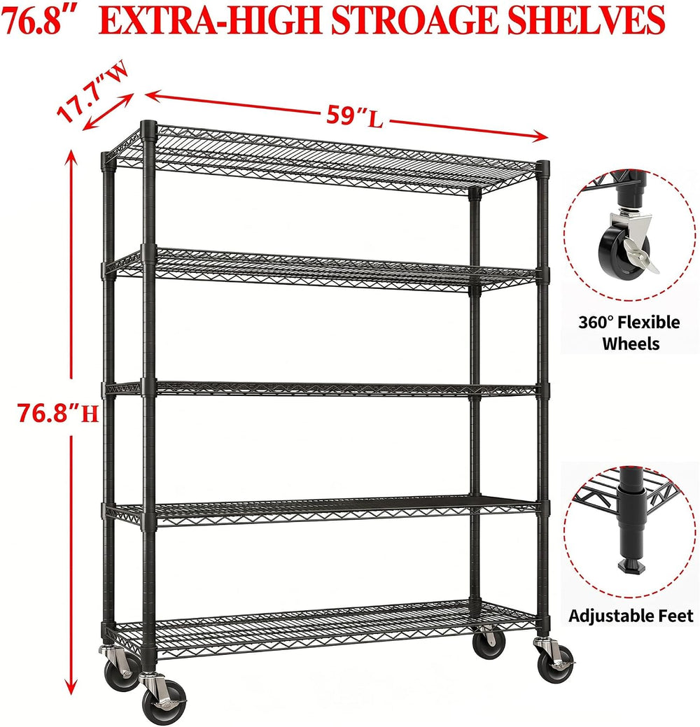 Garvee 3300LBS Wire Shelving with Wheels, 5-Tier Garage Shelving Heavy Duty