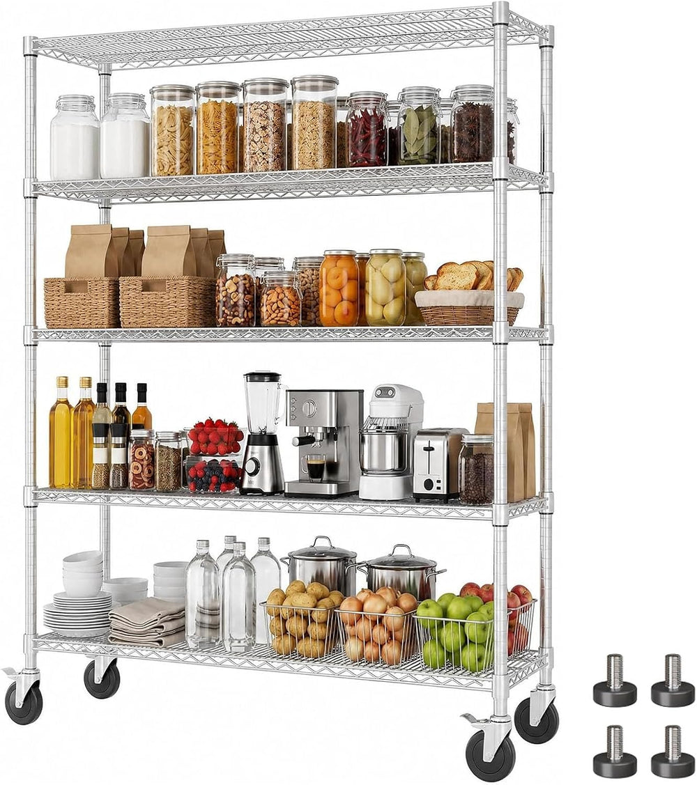 Garvee 59"W 5-Tier Heavy Duty 3250LBS Chrome Wire Shelving with Wheels