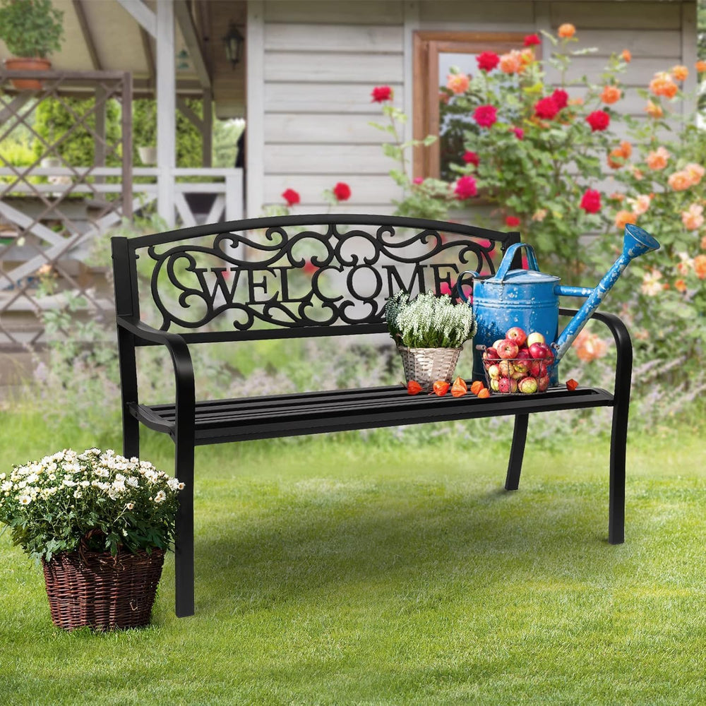 VINGLI Outdoor Bench with PVC Welcome Back Pattern, Rust-Resistant Metal Blac...