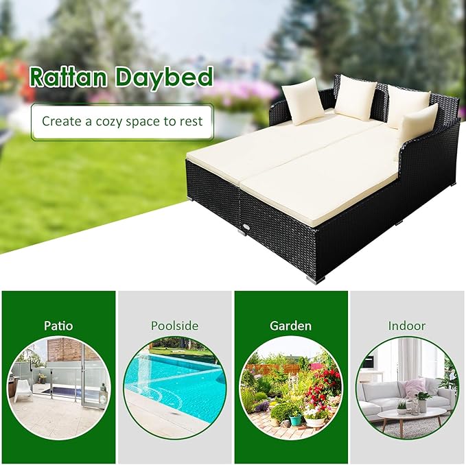 COSTWAY Outdoor Patio Rattan Daybed, Sponge Cushioned Loveseat Sofa with 4 Pi...