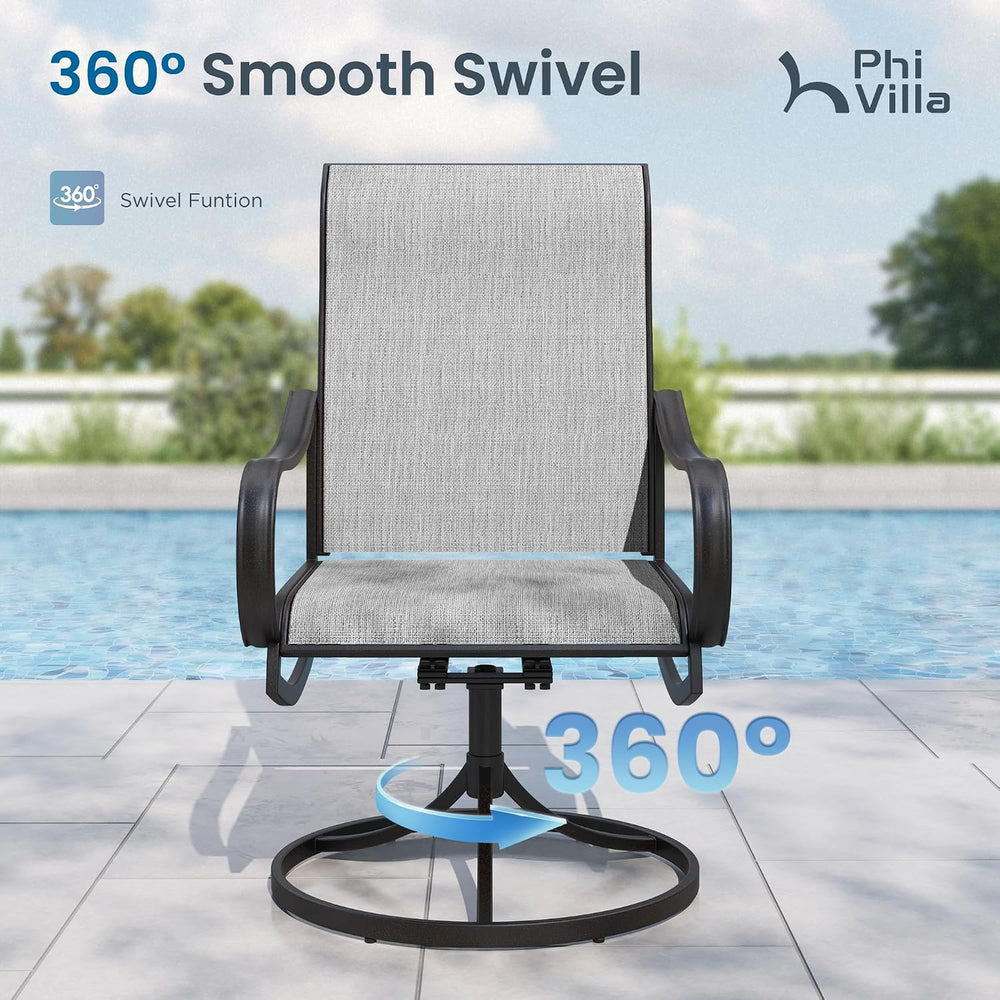 PHI VILLA Outdoor Dining Set for 6, Swivel Mesh Chairs & Metal Table, Grey
