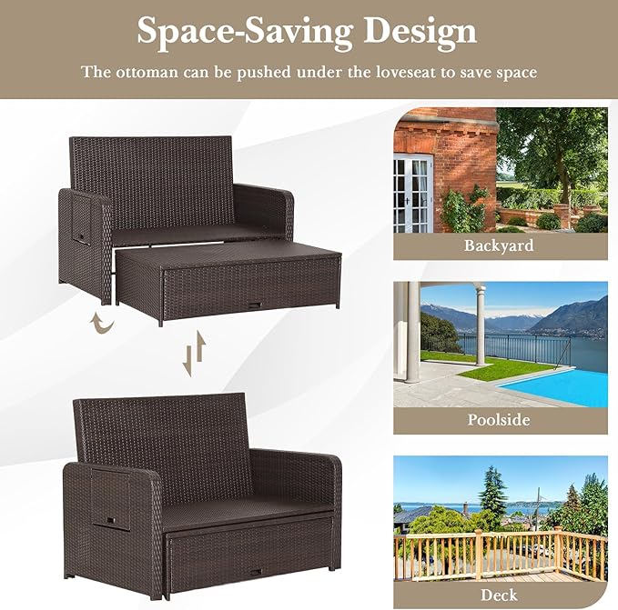 LDAILY Moccha Outdoor Daybed, Wicker Loveseat Sofa Set with 4-Postion Adjusta...
