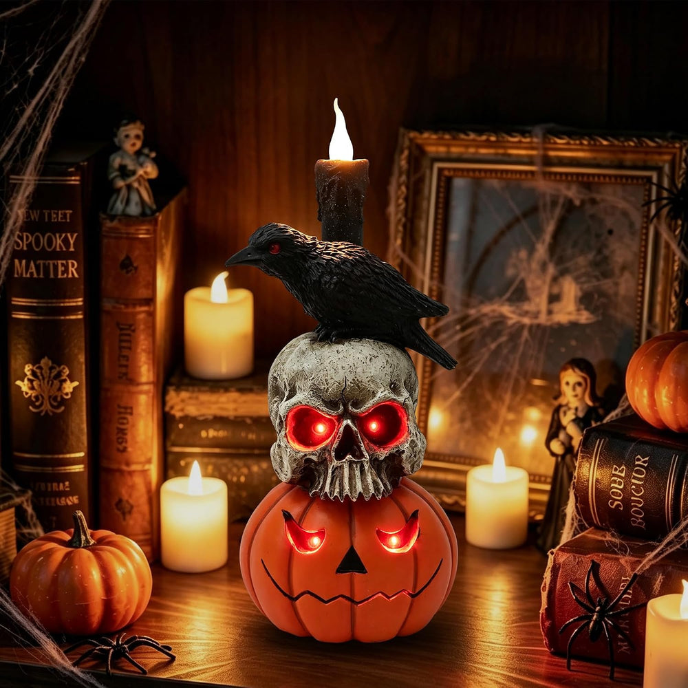 Halloween Pumpkin Skull Resin Statue 14in Gothic Crow Candle Decor