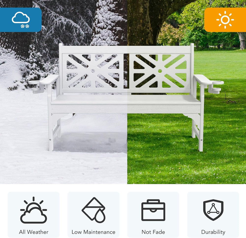 Oversized Outdoor Bench with Cup Holders, 51.5” HDPE Aesthetic Garden Bench f...