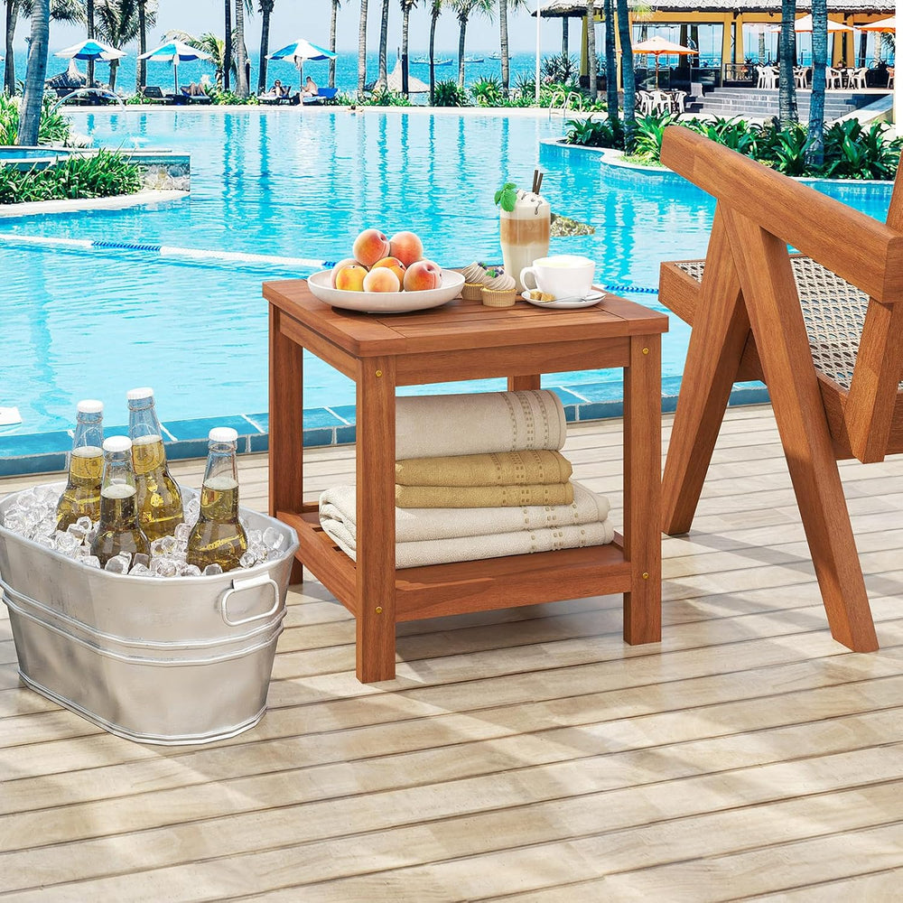 HAPPYGRILL 2-Tier Outdoor Wood Side Table with Storage Shelf, Patio Wooden En...