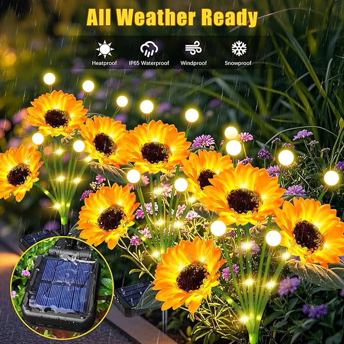 Solar Lights Outdoor Garden Decor,4 Pack Sunflower with Firefly Lights,Solar ...