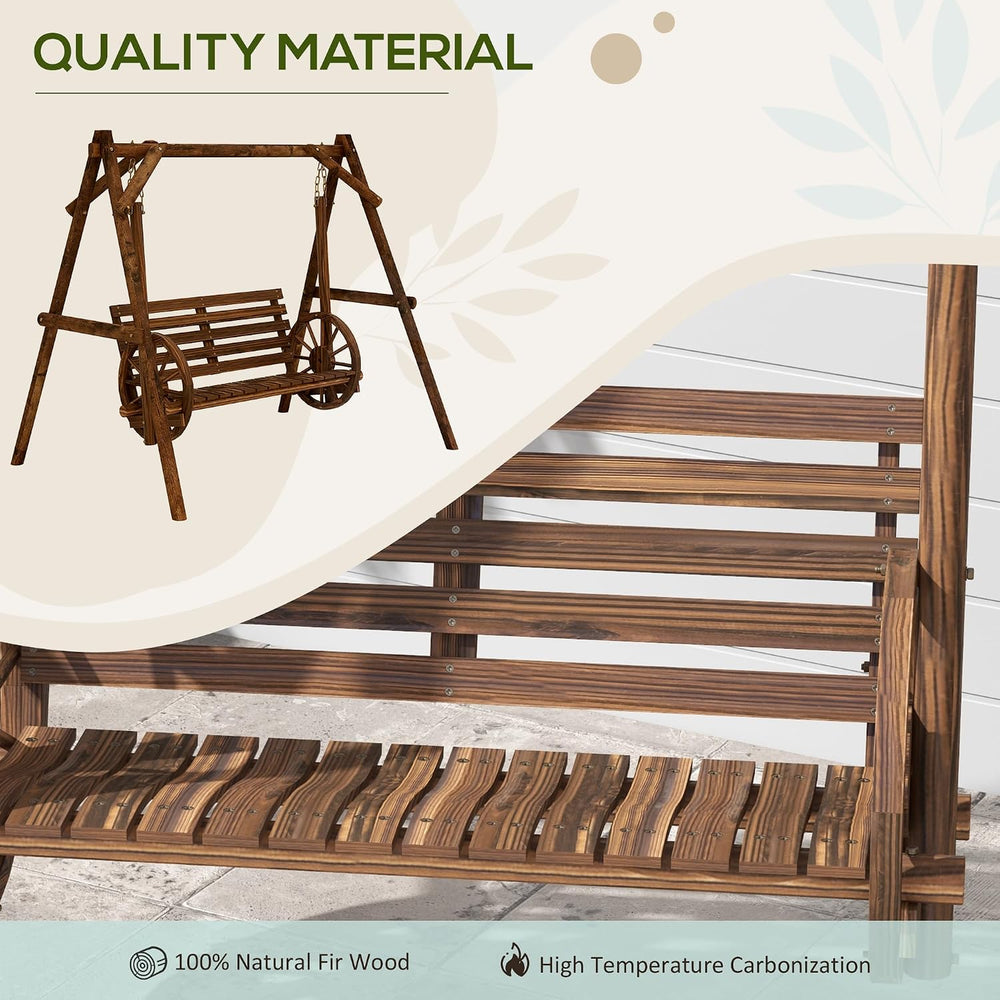 Outsunny 2-Seat Porch Swing A-Frame Stand Wooden Log Patio Carbonized Brown