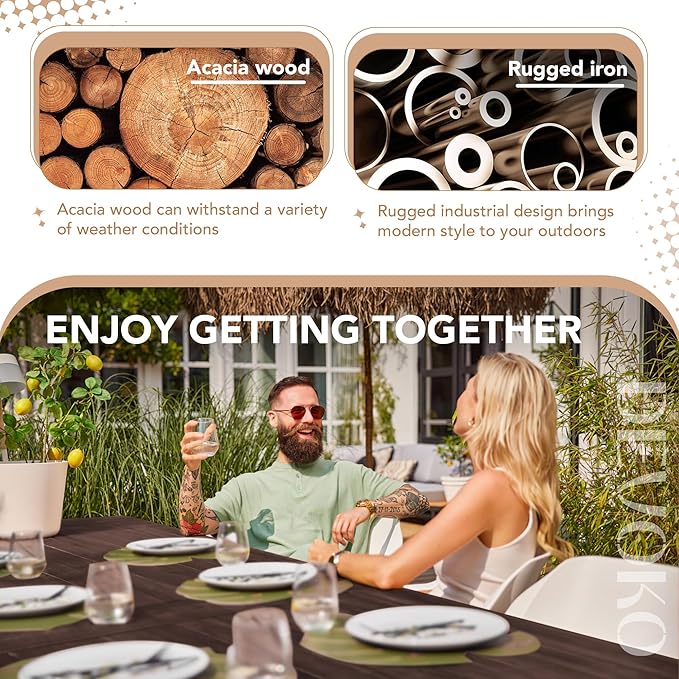 Devoko Home Acacia Wood Dining Table 6-Person Indoor Outdoor Table with Iron ...
