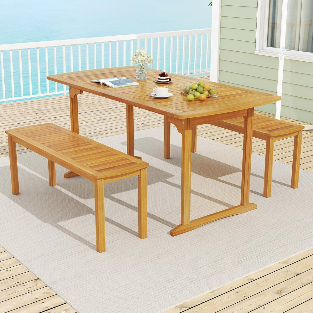 Tangkula 3 Piece Acacia Wood Patio Dining Table Set, 63" Large Patio Tab...