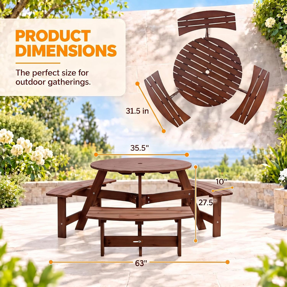 Round 6 Person Outdoor Picnic Table with 3 Built-in Benches