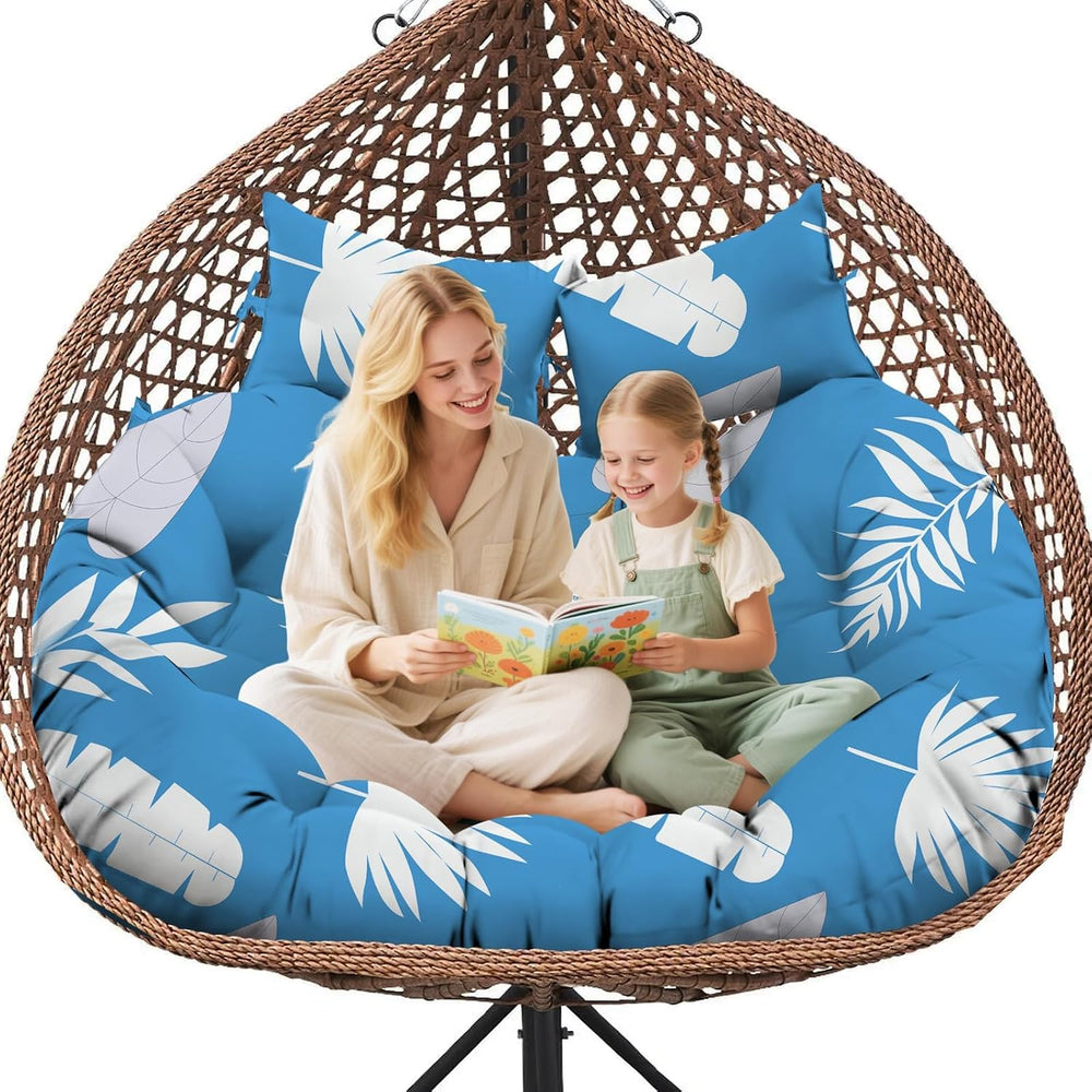 Double Egg Chair Cushion Replacement 59x43 Inch Waterproof Blue Leaf