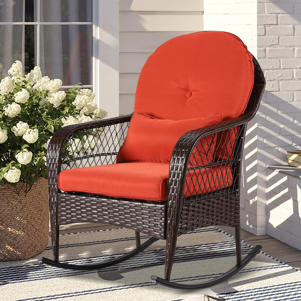 LVUYOYO Outdoor Wicker Rocking Chair, Patio Rattan Rocker Chair with Cushions...