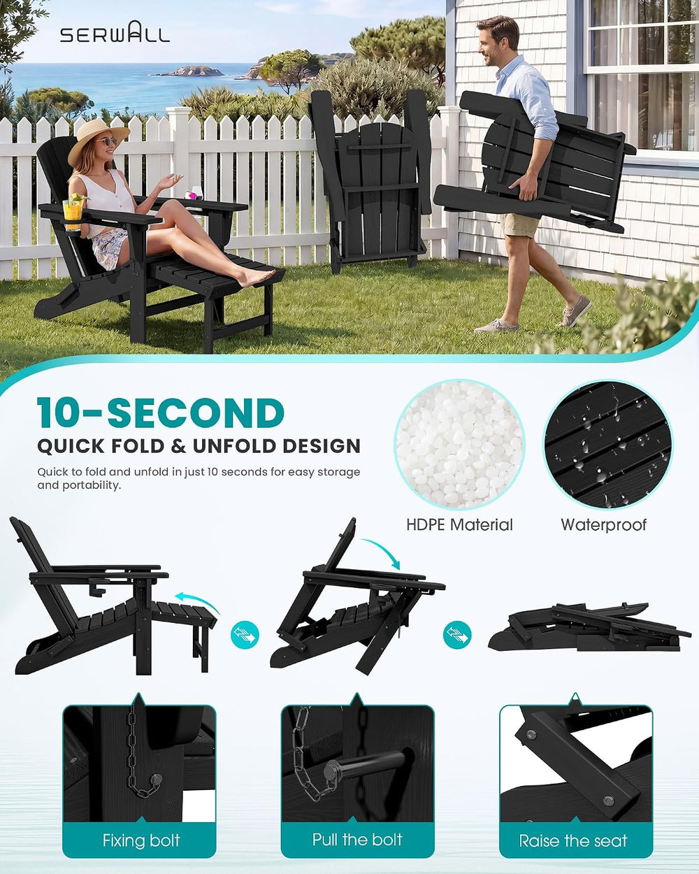 SERWALL HDPE Folding Adjustable Adirondack Chair with Footrest, Black