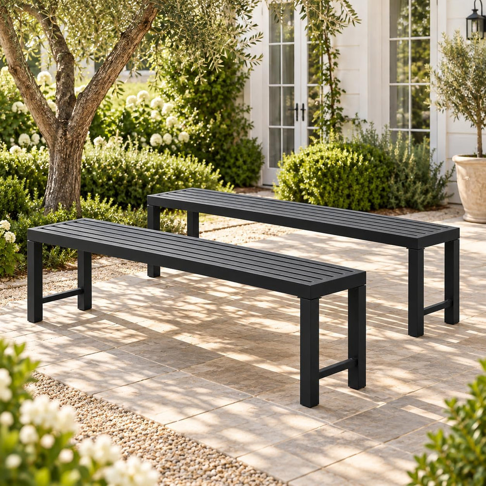 Black Outdoor Bench, Outdoor Metal Backless Bench Set of 2, 46" Patio Ga...