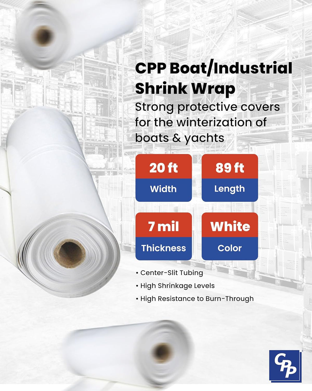 CPP 20’ x 89’, 7 Mil White Industrial Shrink Wrap - Boat Shrink Wrap for Wint...