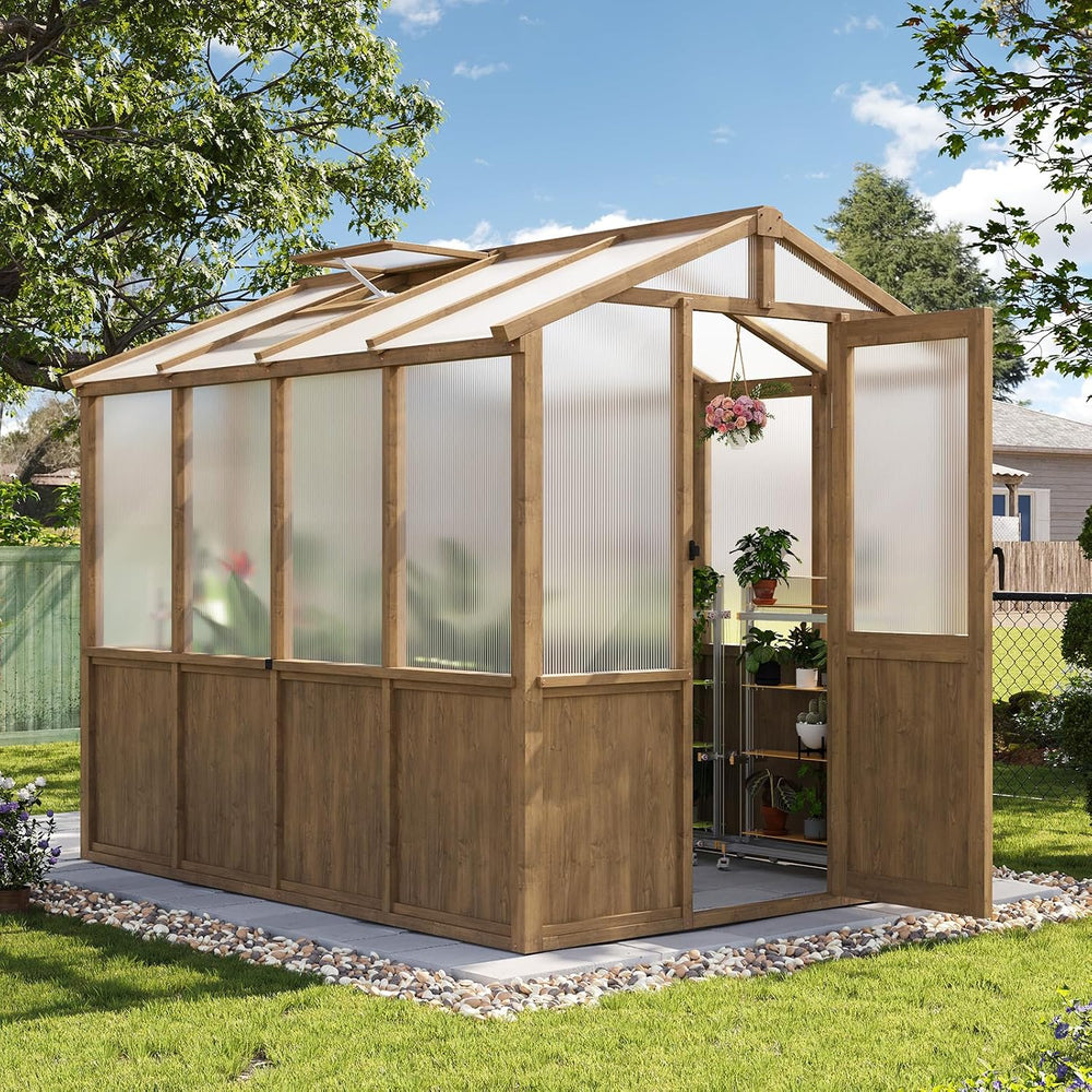 Aoxun 6x8 FT Wooden Greenhouse for Outdoors, 6MM Thick Polycarbonate Panel, W...