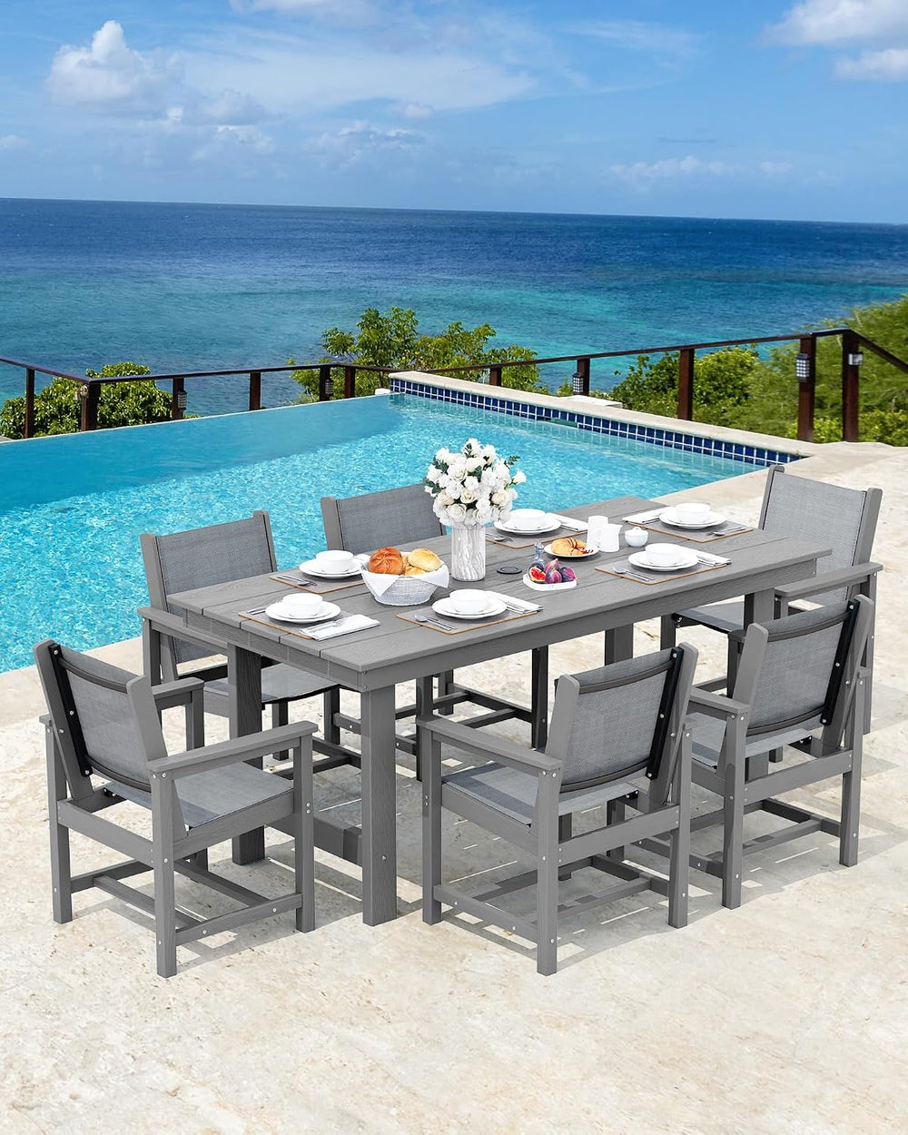 SERWALL 7 Pcs HDPE Patio Dining Set, HDPE Dining Set for 6, Gray