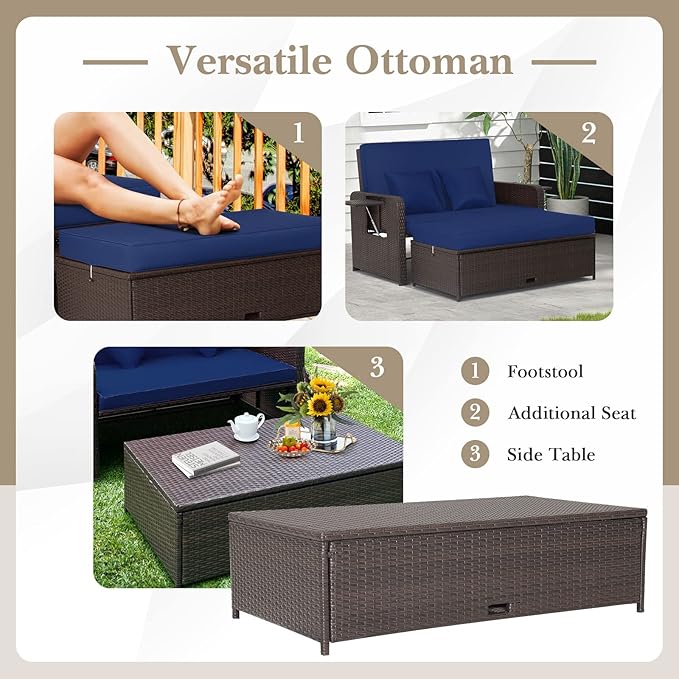LDAILY Moccha Outdoor Daybed, Wicker Loveseat Sofa Set with 4-Postion Adjusta...