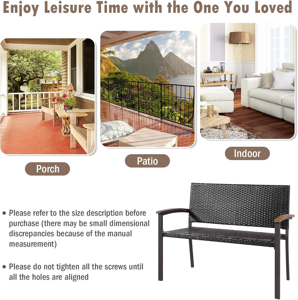 Tangkula Outdoor Stackable Bench, All-Weather PE Wicker Loveseat with Acacia ...