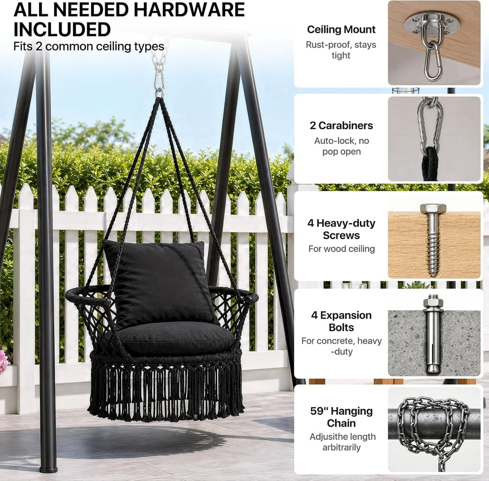 Athena Collection Macrame Hammock Chair with Mounting Hardware Kit, Black