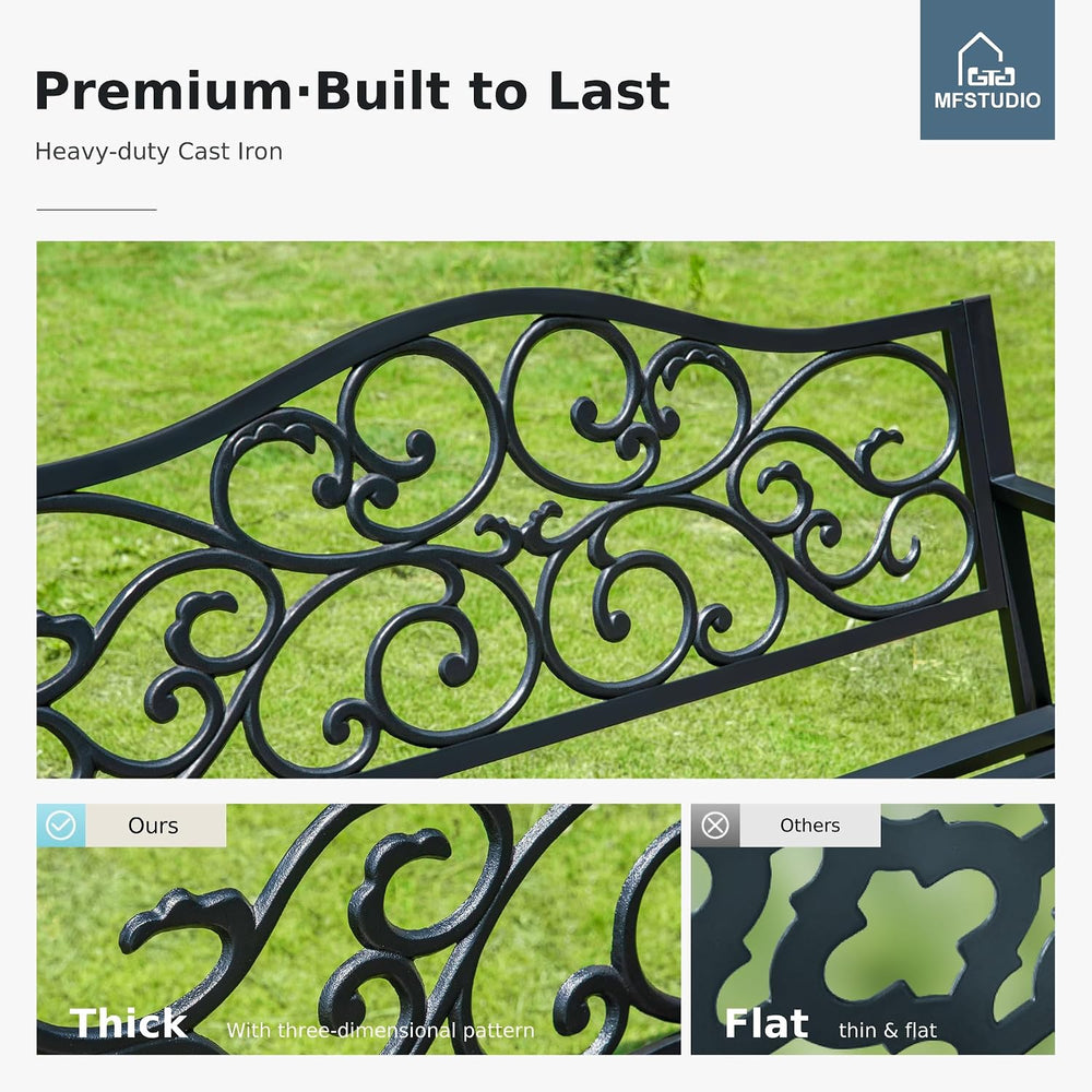 MFSTUDIO 50 Inches Outdoor Garden Bench Cast Iron Metal Frame, Floral Black