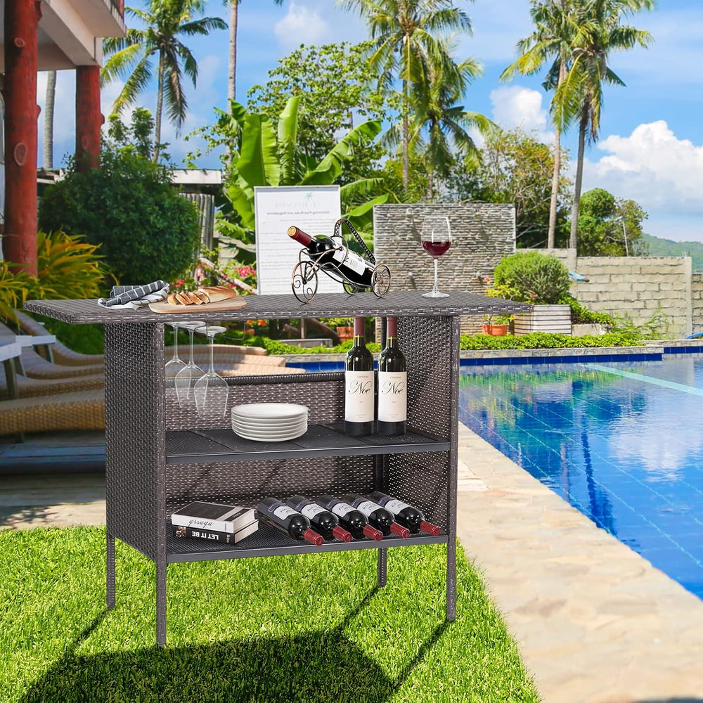 GIANTEX Outdoor Patio Wicker Bar Table, 2 Storage Shelves, 55''W Tabl...