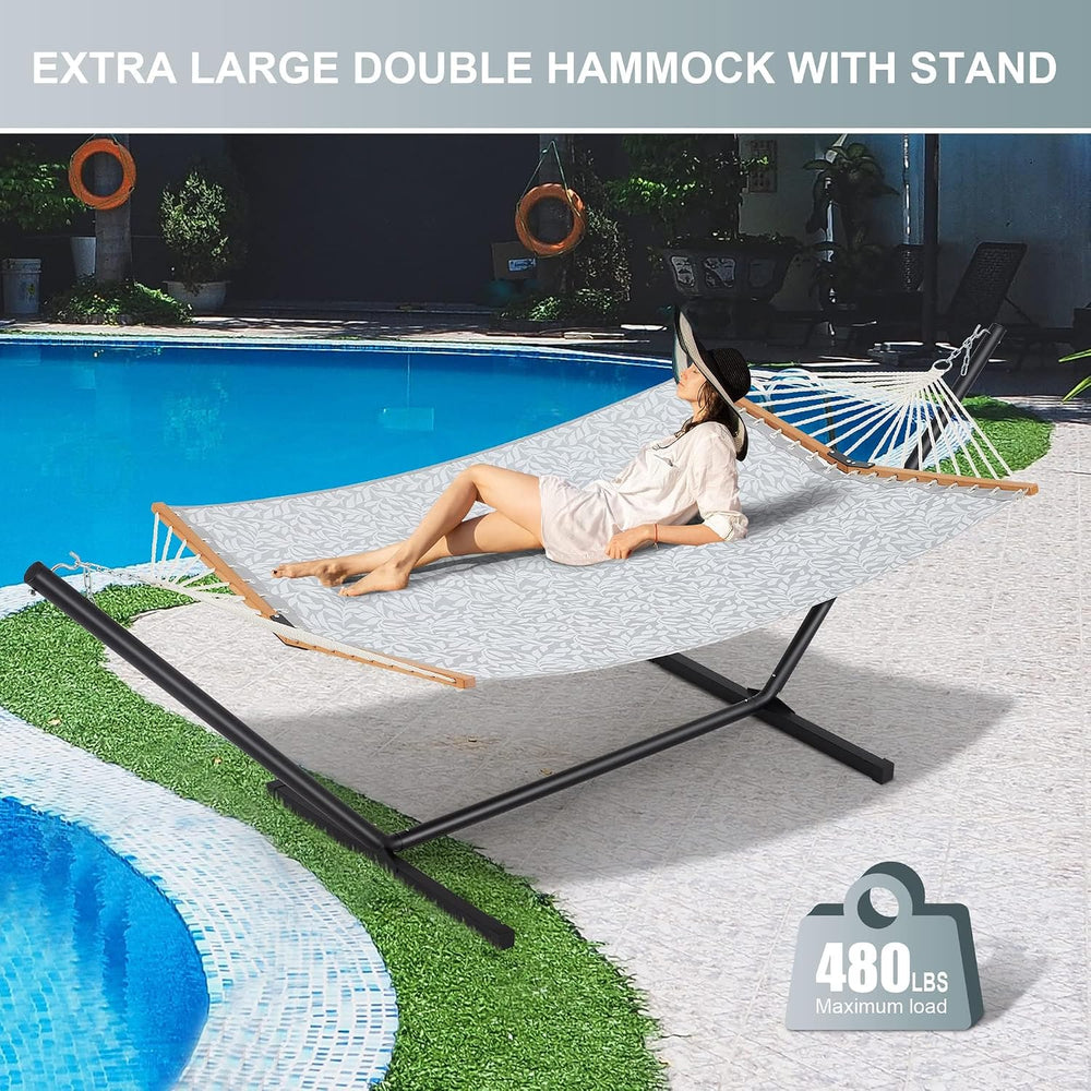 Two Person Hammock with Stand for Outside, White Grey