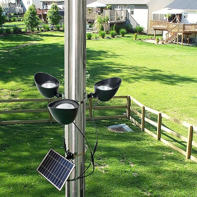 Solar Flag Pole Light 3 Super-Spotlights LEDs, Adjustable Metal Clamps Fits 2...