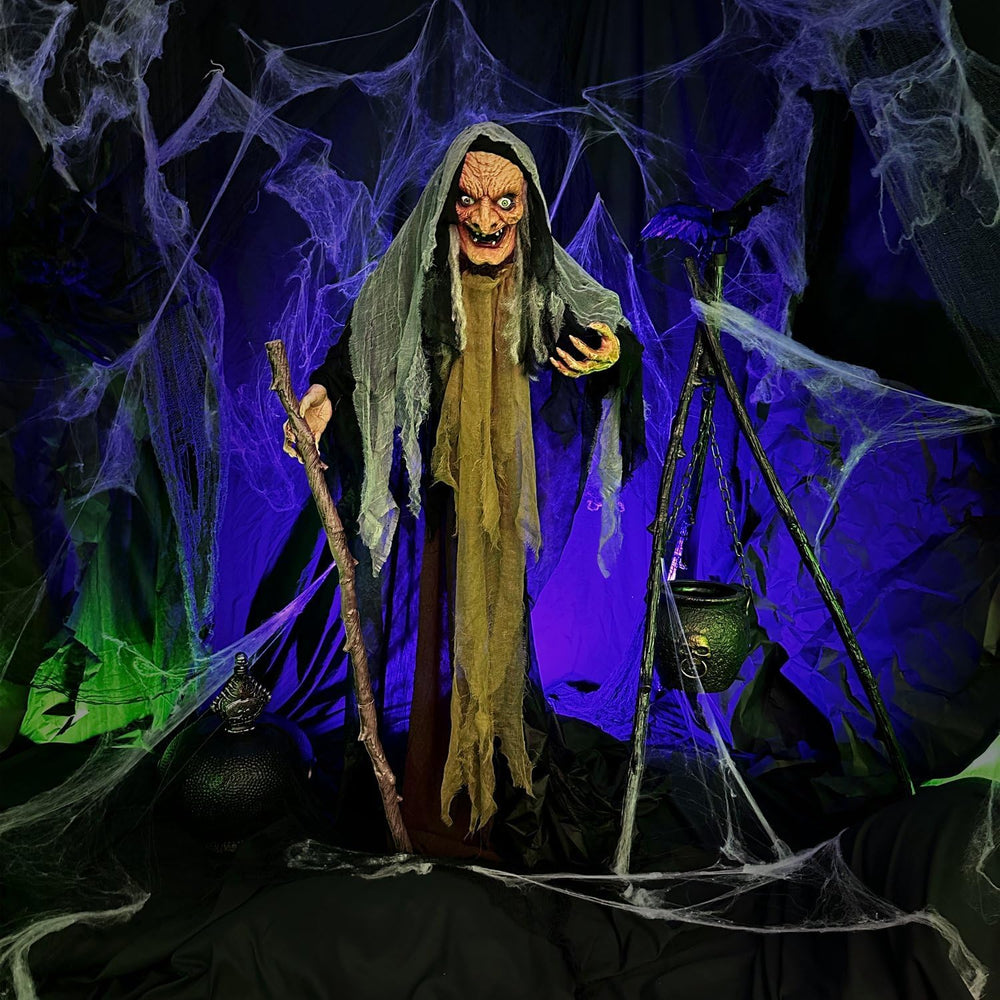 Haunted Hill Farm Life-Size Scary Poseable Talking Witch, Halloween Animatron...